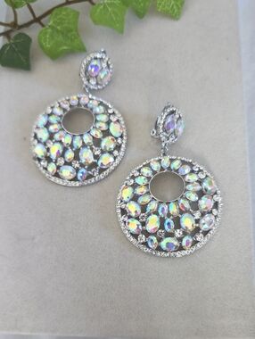 Silver AB Crystal Iridescent Rhinestone Double Circle Drop Clip On Earrings